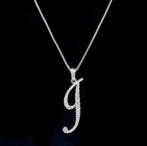 Silver J CZ Monogram Pendant Chain Necklace Rhinestone Crystal Initial Charm